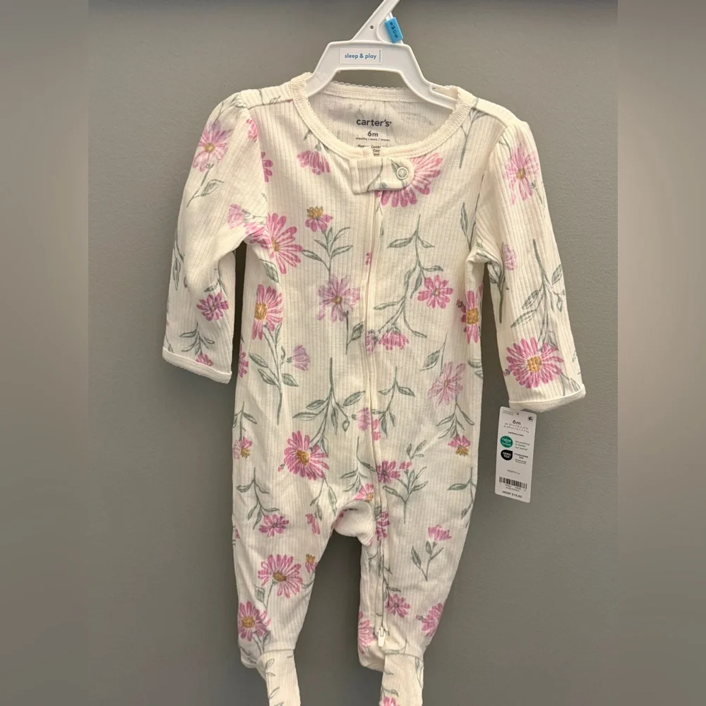 Carters Baby Girls 6M Sleep and Play Pink‎ Floral Daisy Ribbed Footed Pajama NWT